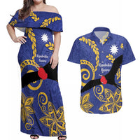 Nauru Angam Day Couples Matching Off Shoulder Maxi Dress and Hawaiian Shirt Naoero Frigate Bird Polynesian Pattern LT14 Blue - Polynesian Pride