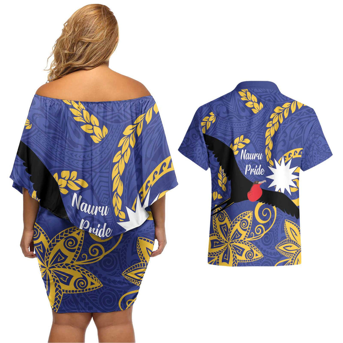 Nauru Angam Day Couples Matching Off Shoulder Short Dress and Hawaiian Shirt Naoero Frigate Bird Polynesian Pattern LT14 - Polynesian Pride