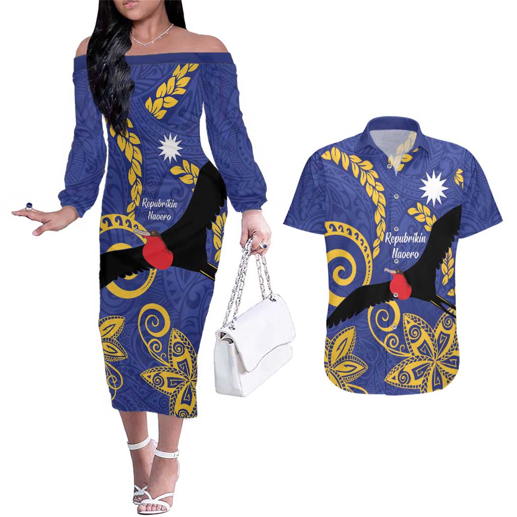 Nauru Angam Day Couples Matching Off The Shoulder Long Sleeve Dress and Hawaiian Shirt Naoero Frigate Bird Polynesian Pattern LT14 Blue - Polynesian Pride
