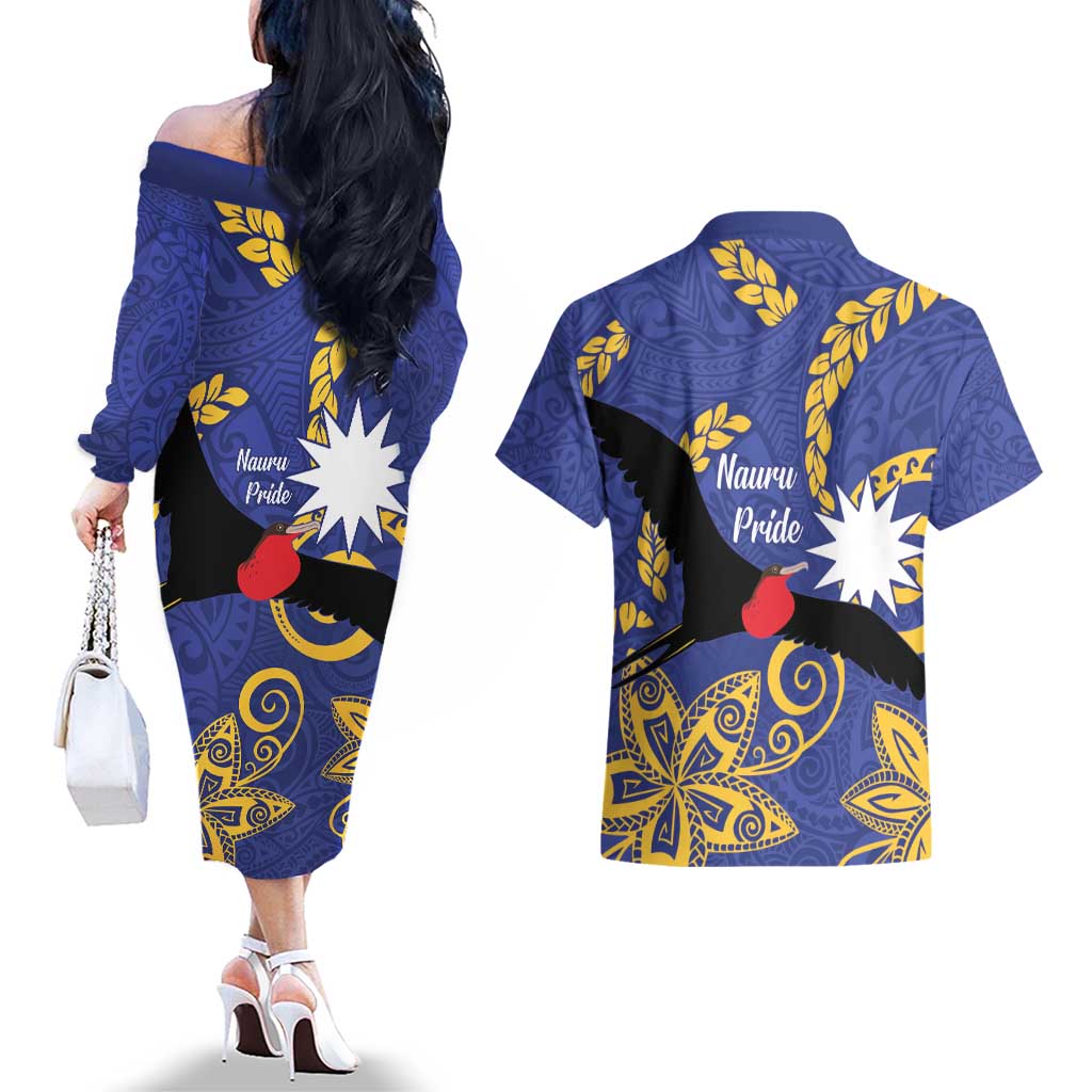 Nauru Angam Day Couples Matching Off The Shoulder Long Sleeve Dress and Hawaiian Shirt Naoero Frigate Bird Polynesian Pattern LT14 - Polynesian Pride
