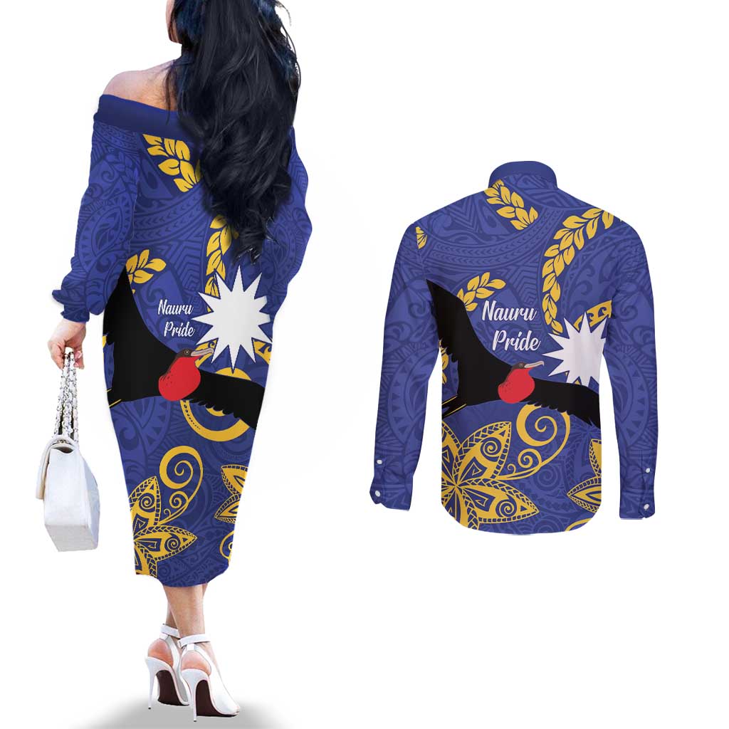 Nauru Angam Day Couples Matching Off The Shoulder Long Sleeve Dress and Long Sleeve Button Shirt Naoero Frigate Bird Polynesian Pattern LT14 - Polynesian Pride