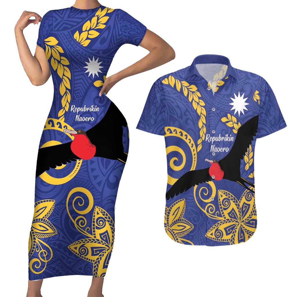 Nauru Angam Day Couples Matching Short Sleeve Bodycon Dress and Hawaiian Shirt Naoero Frigate Bird Polynesian Pattern LT14 Blue - Polynesian Pride