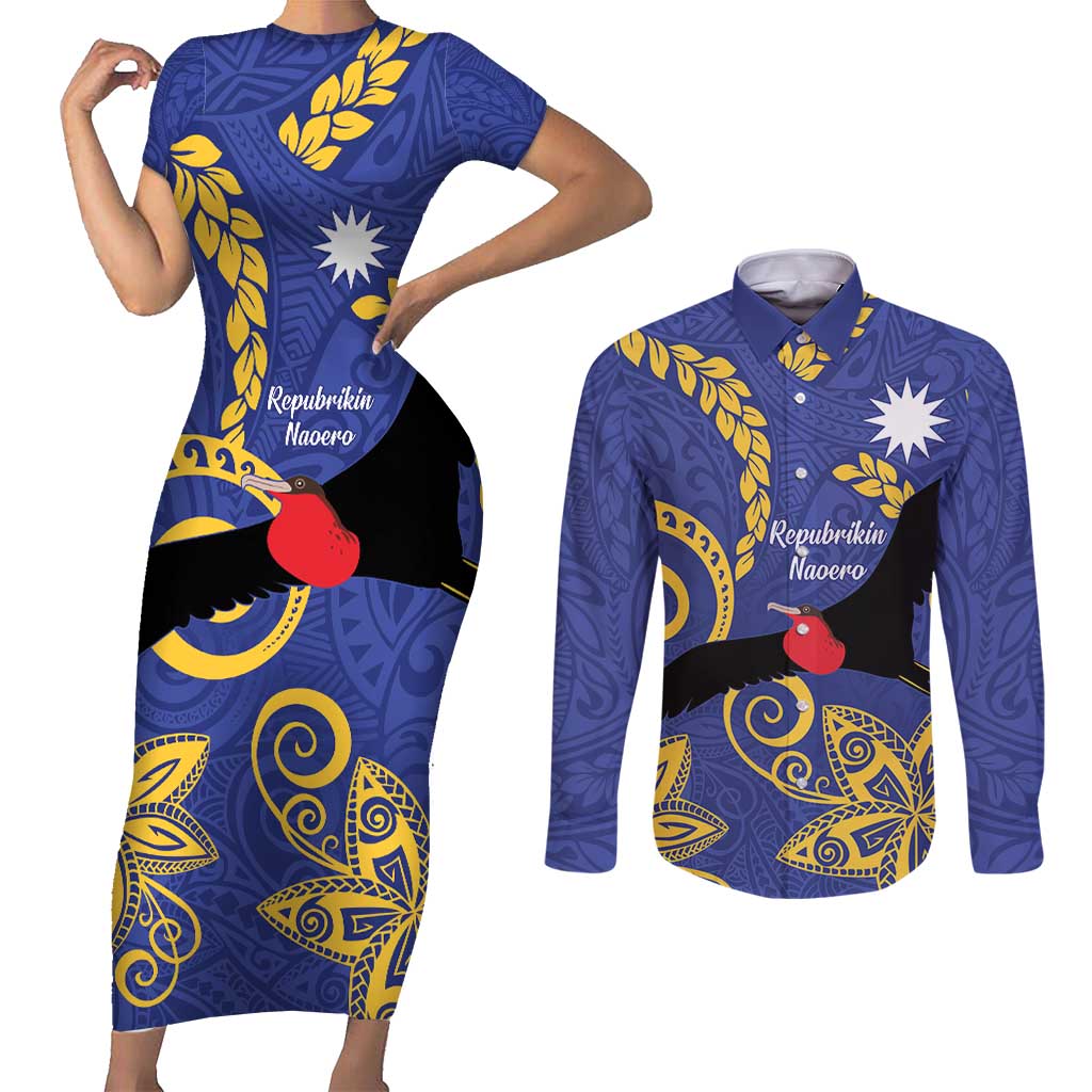 Nauru Angam Day Couples Matching Short Sleeve Bodycon Dress and Long Sleeve Button Shirt Naoero Frigate Bird Polynesian Pattern LT14 Blue - Polynesian Pride