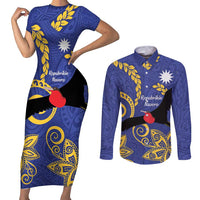 Nauru Angam Day Couples Matching Short Sleeve Bodycon Dress and Long Sleeve Button Shirt Naoero Frigate Bird Polynesian Pattern LT14 Blue - Polynesian Pride
