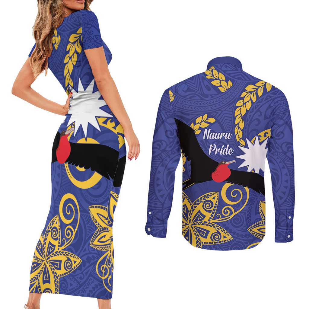 Nauru Angam Day Couples Matching Short Sleeve Bodycon Dress and Long Sleeve Button Shirt Naoero Frigate Bird Polynesian Pattern LT14 - Polynesian Pride