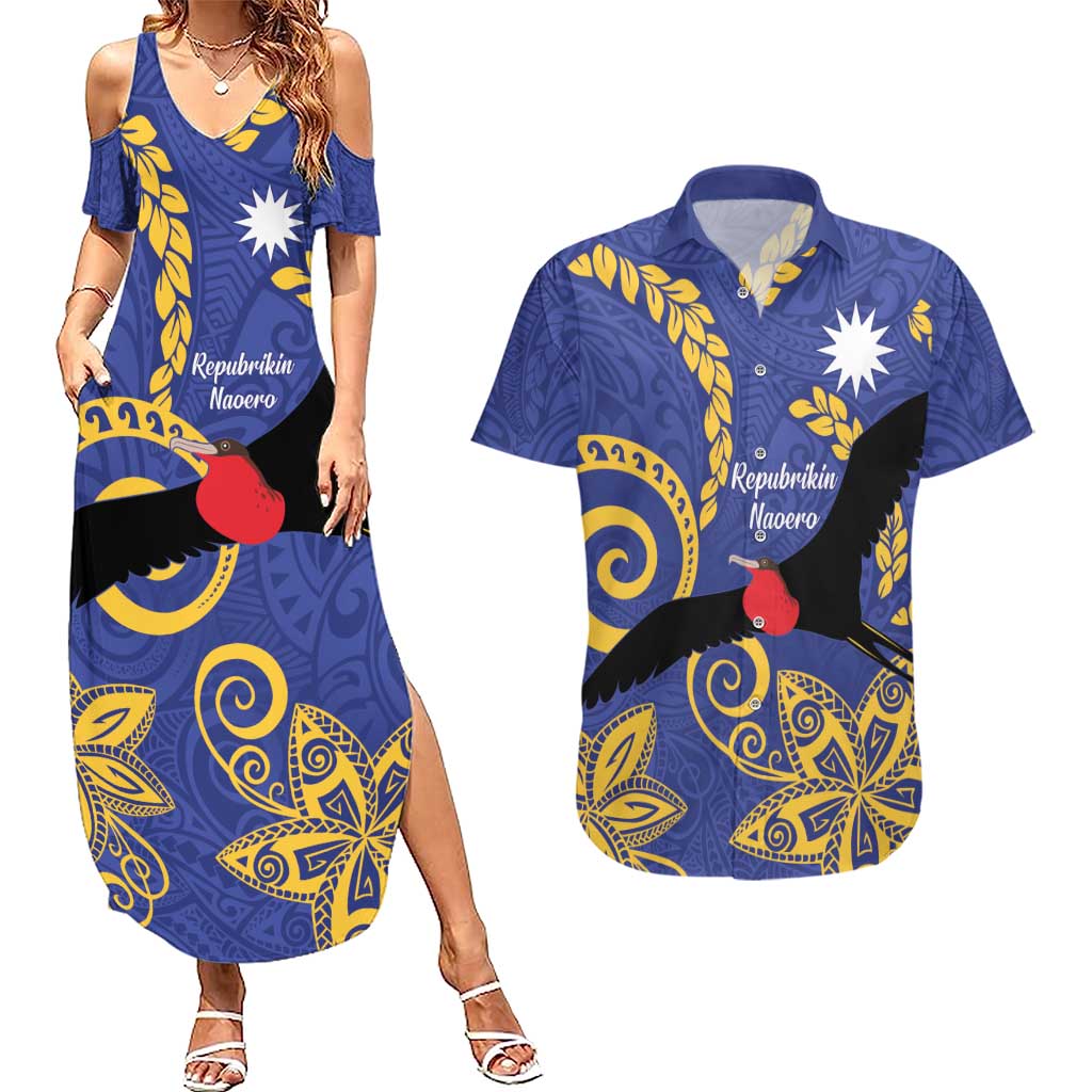 Nauru Angam Day Couples Matching Summer Maxi Dress and Hawaiian Shirt Naoero Frigate Bird Polynesian Pattern LT14 Blue - Polynesian Pride