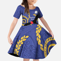 Nauru Angam Day Family Matching Long Sleeve Bodycon Dress and Hawaiian Shirt Naoero Frigate Bird Polynesian Pattern LT14 Daughter's Dress Blue - Polynesian Pride