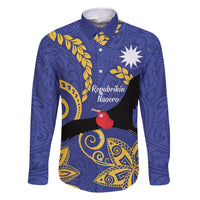 Nauru Angam Day Family Matching Long Sleeve Bodycon Dress and Hawaiian Shirt Naoero Frigate Bird Polynesian Pattern LT14 Dad's Shirt - Long Sleeve Blue - Polynesian Pride
