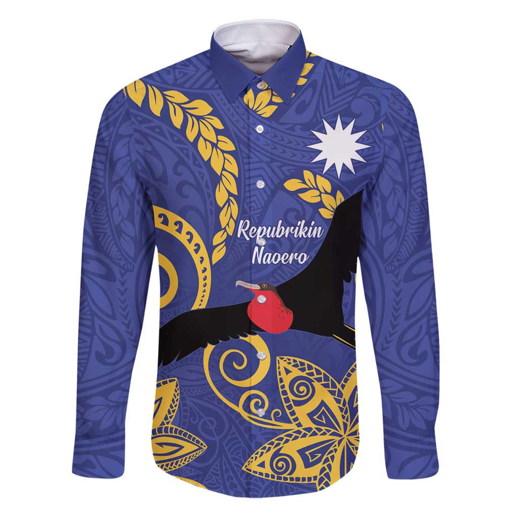 Nauru Angam Day Family Matching Mermaid Dress and Hawaiian Shirt Naoero Frigate Bird Polynesian Pattern LT14 Dad's Shirt - Long Sleeve Blue - Polynesian Pride
