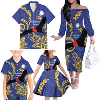 Nauru Angam Day Family Matching Off The Shoulder Long Sleeve Dress and Hawaiian Shirt Naoero Frigate Bird Polynesian Pattern LT14 - Polynesian Pride