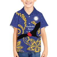 Nauru Angam Day Family Matching Off The Shoulder Long Sleeve Dress and Hawaiian Shirt Naoero Frigate Bird Polynesian Pattern LT14 Son's Shirt Blue - Polynesian Pride