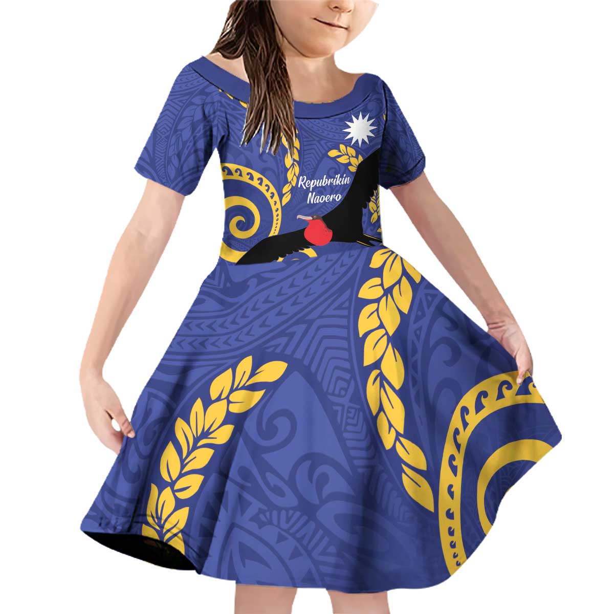 Nauru Angam Day Family Matching Off Shoulder Short Dress and Hawaiian Shirt Naoero Frigate Bird Polynesian Pattern LT14 Daughter's Dress Blue - Polynesian Pride