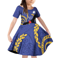 Nauru Angam Day Family Matching Off Shoulder Short Dress and Hawaiian Shirt Naoero Frigate Bird Polynesian Pattern LT14 Daughter's Dress Blue - Polynesian Pride
