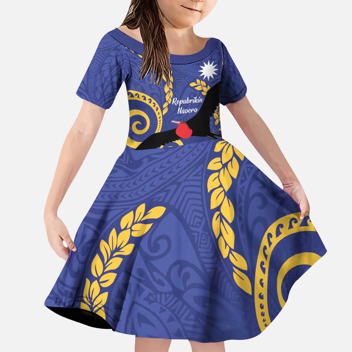 Nauru Angam Day Family Matching Puletasi and Hawaiian Shirt Naoero Frigate Bird Polynesian Pattern LT14 Daughter's Dress Blue - Polynesian Pride