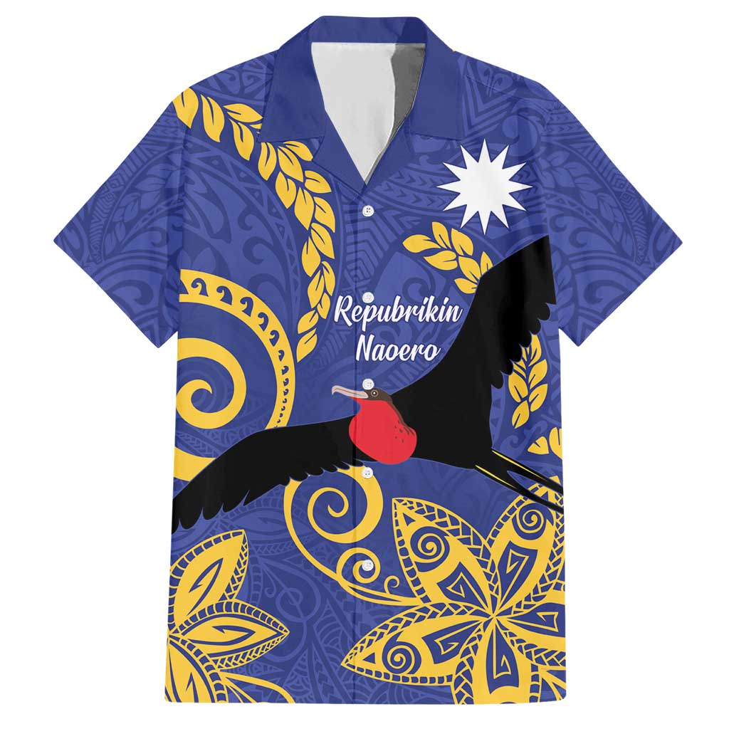 Nauru Angam Day Family Matching Short Sleeve Bodycon Dress and Hawaiian Shirt Naoero Frigate Bird Polynesian Pattern LT14 Dad's Shirt - Short Sleeve Blue - Polynesian Pride