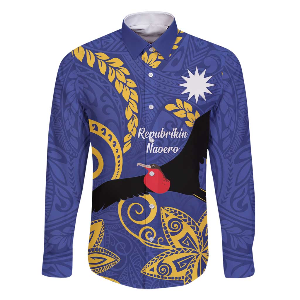 Nauru Angam Day Family Matching Short Sleeve Bodycon Dress and Hawaiian Shirt Naoero Frigate Bird Polynesian Pattern LT14 Dad's Shirt - Long Sleeve Blue - Polynesian Pride