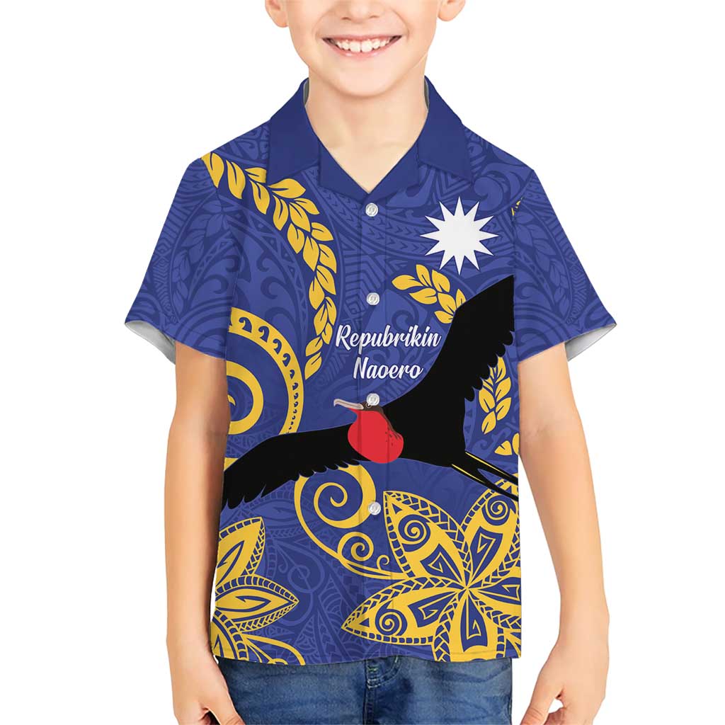 Nauru Angam Day Family Matching Short Sleeve Bodycon Dress and Hawaiian Shirt Naoero Frigate Bird Polynesian Pattern LT14 Son's Shirt Blue - Polynesian Pride