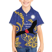 Nauru Angam Day Family Matching Short Sleeve Bodycon Dress and Hawaiian Shirt Naoero Frigate Bird Polynesian Pattern LT14 Son's Shirt Blue - Polynesian Pride