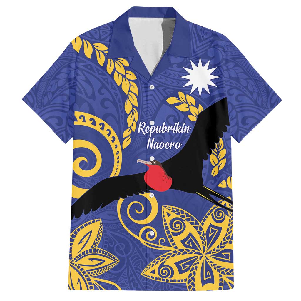 Nauru Angam Day Family Matching Tank Maxi Dress and Hawaiian Shirt Naoero Frigate Bird Polynesian Pattern LT14 Dad's Shirt - Short Sleeve Blue - Polynesian Pride