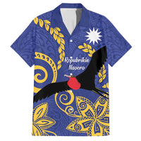 Nauru Angam Day Family Matching Tank Maxi Dress and Hawaiian Shirt Naoero Frigate Bird Polynesian Pattern LT14 Dad's Shirt - Short Sleeve Blue - Polynesian Pride