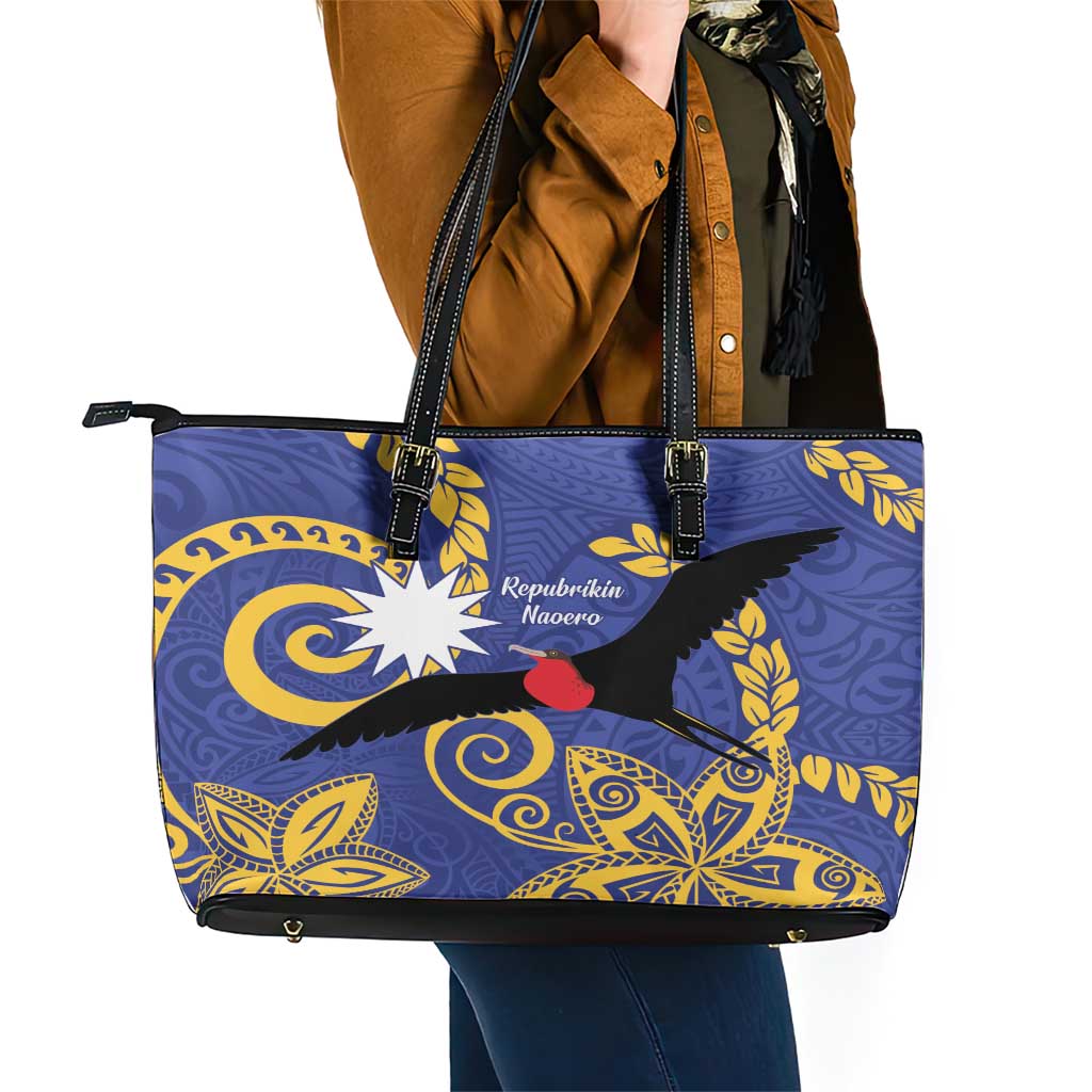 Nauru Angam Day Leather Tote Bag Naoero Frigate Bird Polynesian Pattern LT14 - Polynesian Pride