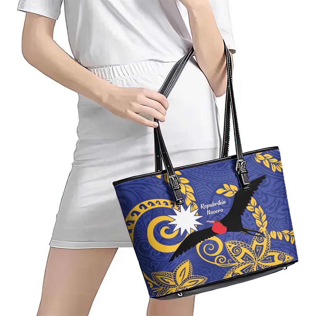 Nauru Angam Day Leather Tote Bag Naoero Frigate Bird Polynesian Pattern LT14 - Polynesian Pride