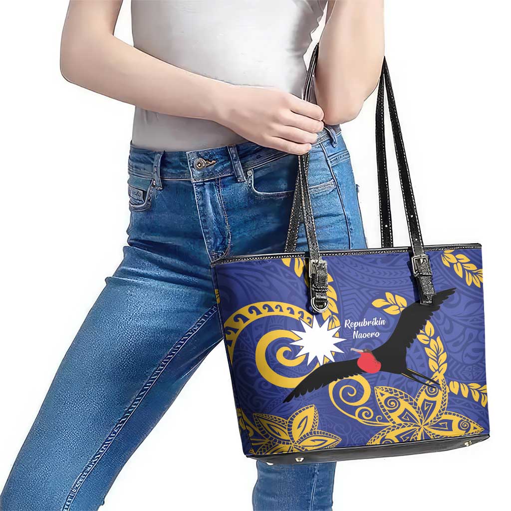 Nauru Angam Day Leather Tote Bag Naoero Frigate Bird Polynesian Pattern LT14 - Polynesian Pride