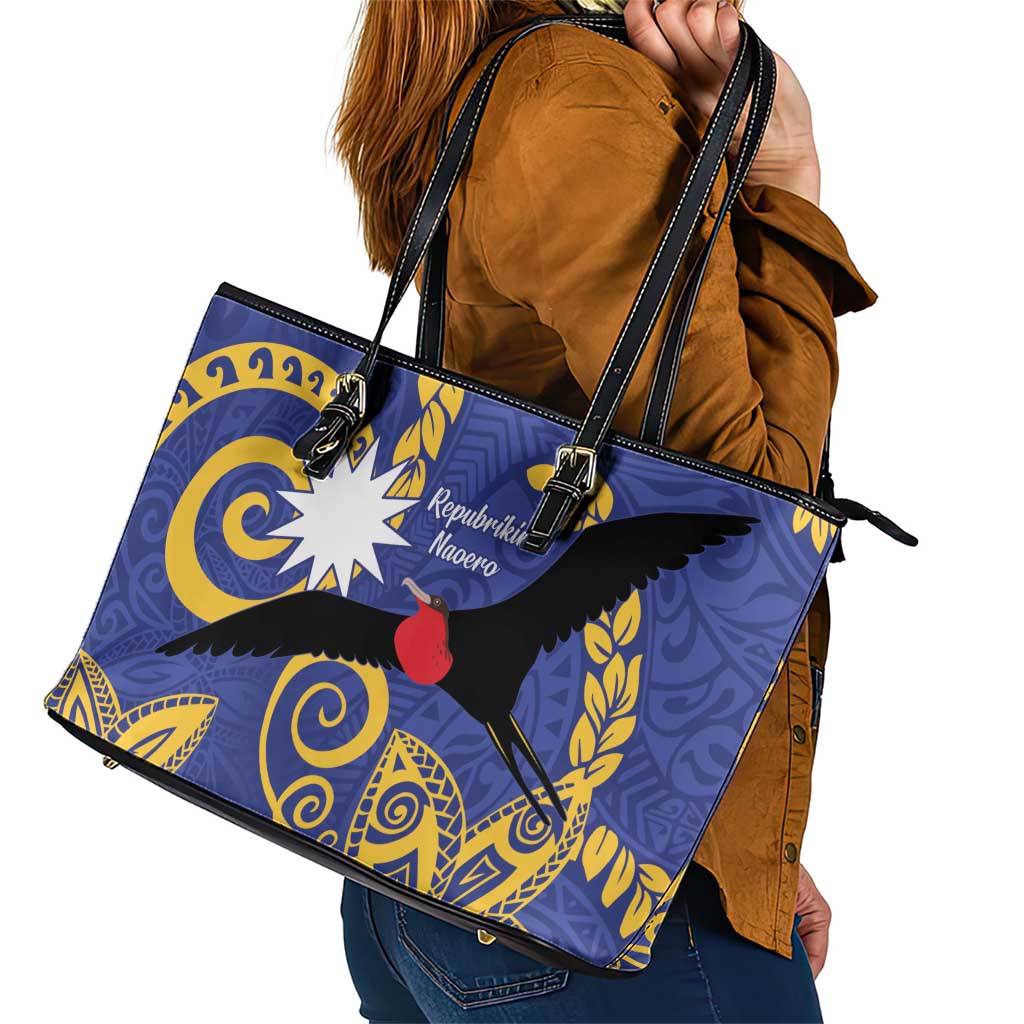 Nauru Angam Day Leather Tote Bag Naoero Frigate Bird Polynesian Pattern LT14 - Polynesian Pride