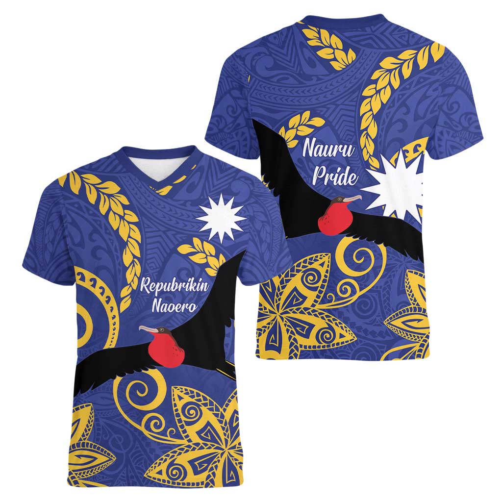 Nauru Angam Day Women V-Neck T-Shirt Naoero Frigate Bird Polynesian Pattern LT14 - Polynesian Pride