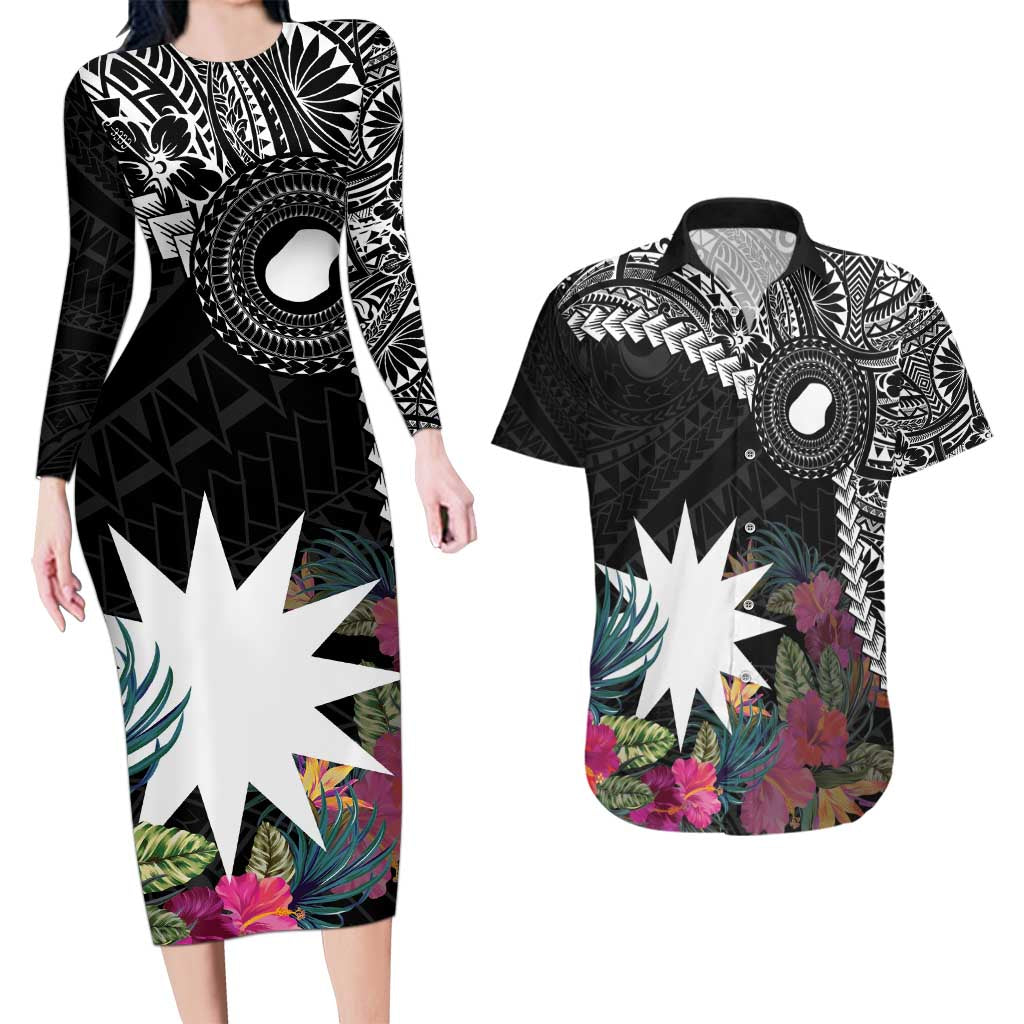 Black Nauru Couples Matching Long Sleeve Bodycon Dress and Hawaiian Shirt Naoero Map With Polynesian Tropical Flowers LT14 Black - Polynesian Pride