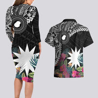 Black Nauru Couples Matching Long Sleeve Bodycon Dress and Hawaiian Shirt Naoero Map With Polynesian Tropical Flowers LT14 - Polynesian Pride