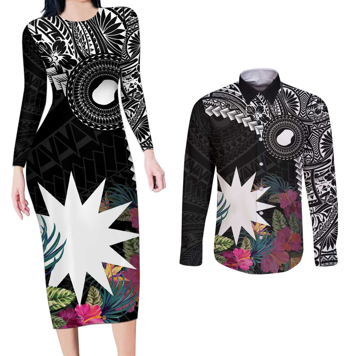 Black Nauru Couples Matching Long Sleeve Bodycon Dress and Long Sleeve Button Shirt Naoero Map With Polynesian Tropical Flowers LT14 Black - Polynesian Pride