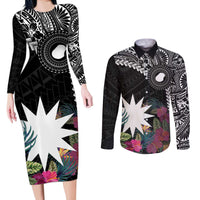 Black Nauru Couples Matching Long Sleeve Bodycon Dress and Long Sleeve Button Shirt Naoero Map With Polynesian Tropical Flowers LT14 Black - Polynesian Pride