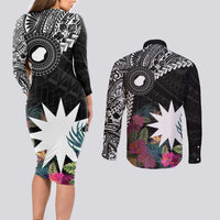 Black Nauru Couples Matching Long Sleeve Bodycon Dress and Long Sleeve Button Shirt Naoero Map With Polynesian Tropical Flowers LT14 - Polynesian Pride