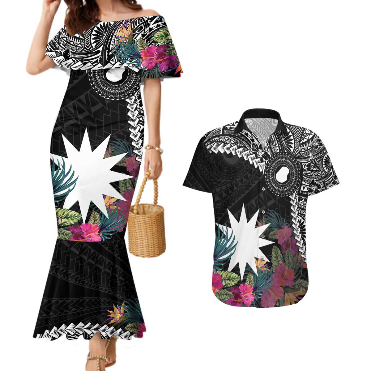 Black Nauru Couples Matching Mermaid Dress and Hawaiian Shirt Naoero Map With Polynesian Tropical Flowers LT14 Black - Polynesian Pride