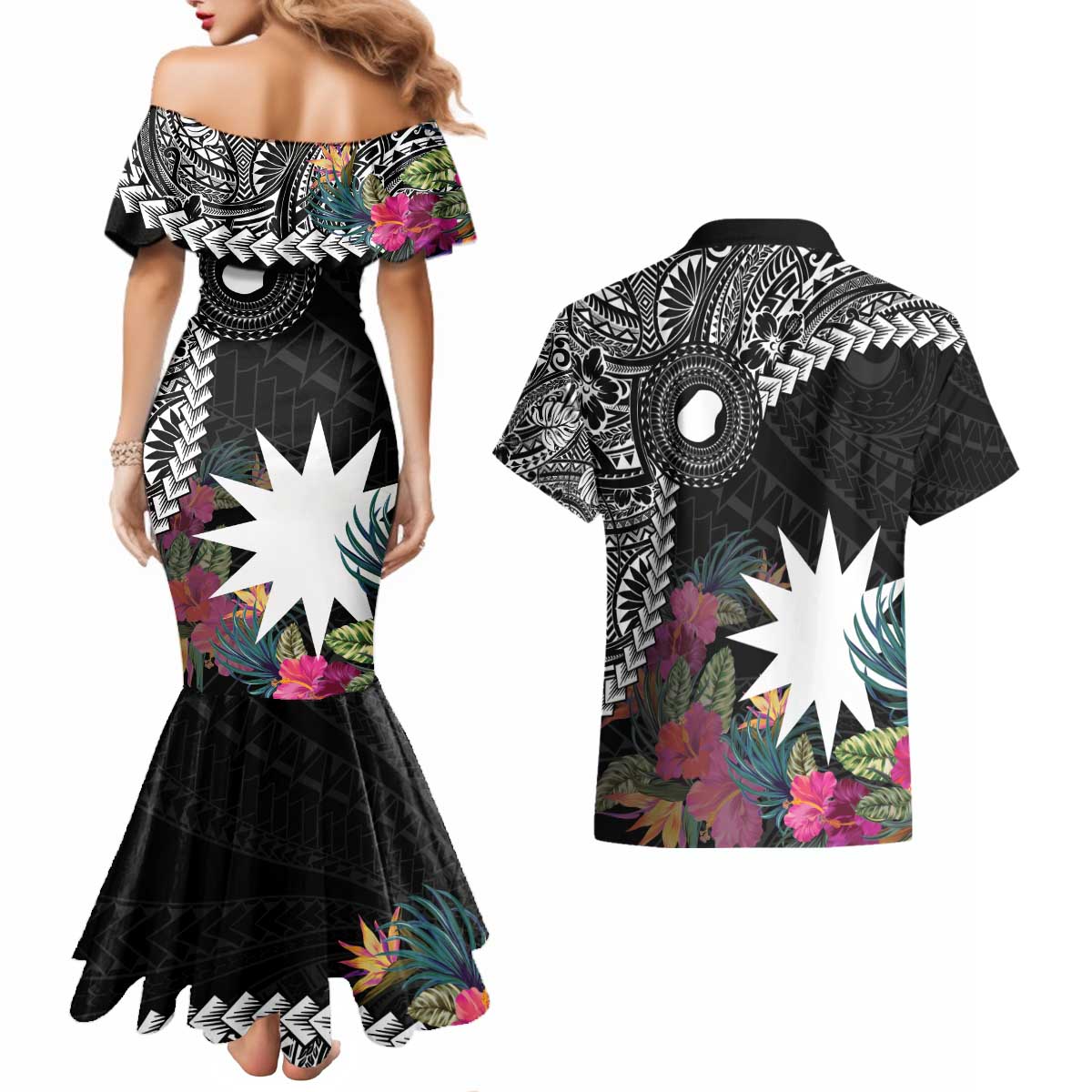 Black Nauru Couples Matching Mermaid Dress and Hawaiian Shirt Naoero Map With Polynesian Tropical Flowers LT14 - Polynesian Pride