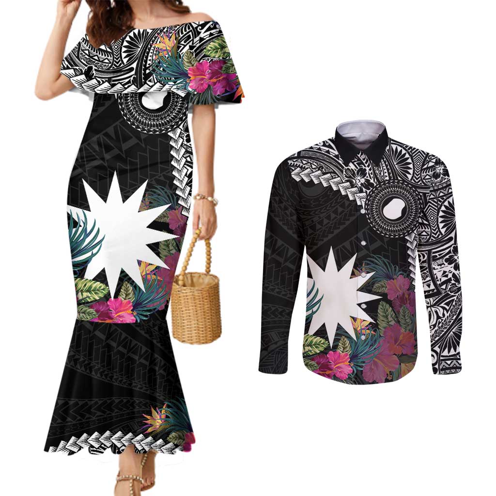 Black Nauru Couples Matching Mermaid Dress and Long Sleeve Button Shirt Naoero Map With Polynesian Tropical Flowers LT14 Black - Polynesian Pride