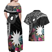 Black Nauru Couples Matching Off Shoulder Maxi Dress and Hawaiian Shirt Naoero Map With Polynesian Tropical Flowers LT14 - Polynesian Pride