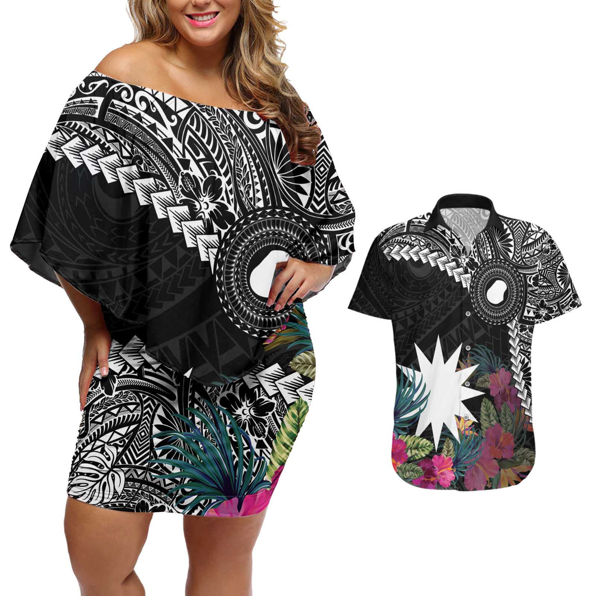 Black Nauru Couples Matching Off Shoulder Short Dress and Hawaiian Shirt Naoero Map With Polynesian Tropical Flowers LT14 Black - Polynesian Pride