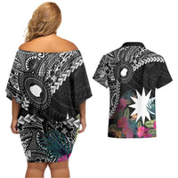 Black Nauru Couples Matching Off Shoulder Short Dress and Hawaiian Shirt Naoero Map With Polynesian Tropical Flowers LT14 - Polynesian Pride