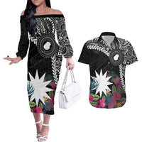 Black Nauru Couples Matching Off The Shoulder Long Sleeve Dress and Hawaiian Shirt Naoero Map With Polynesian Tropical Flowers LT14 Black - Polynesian Pride