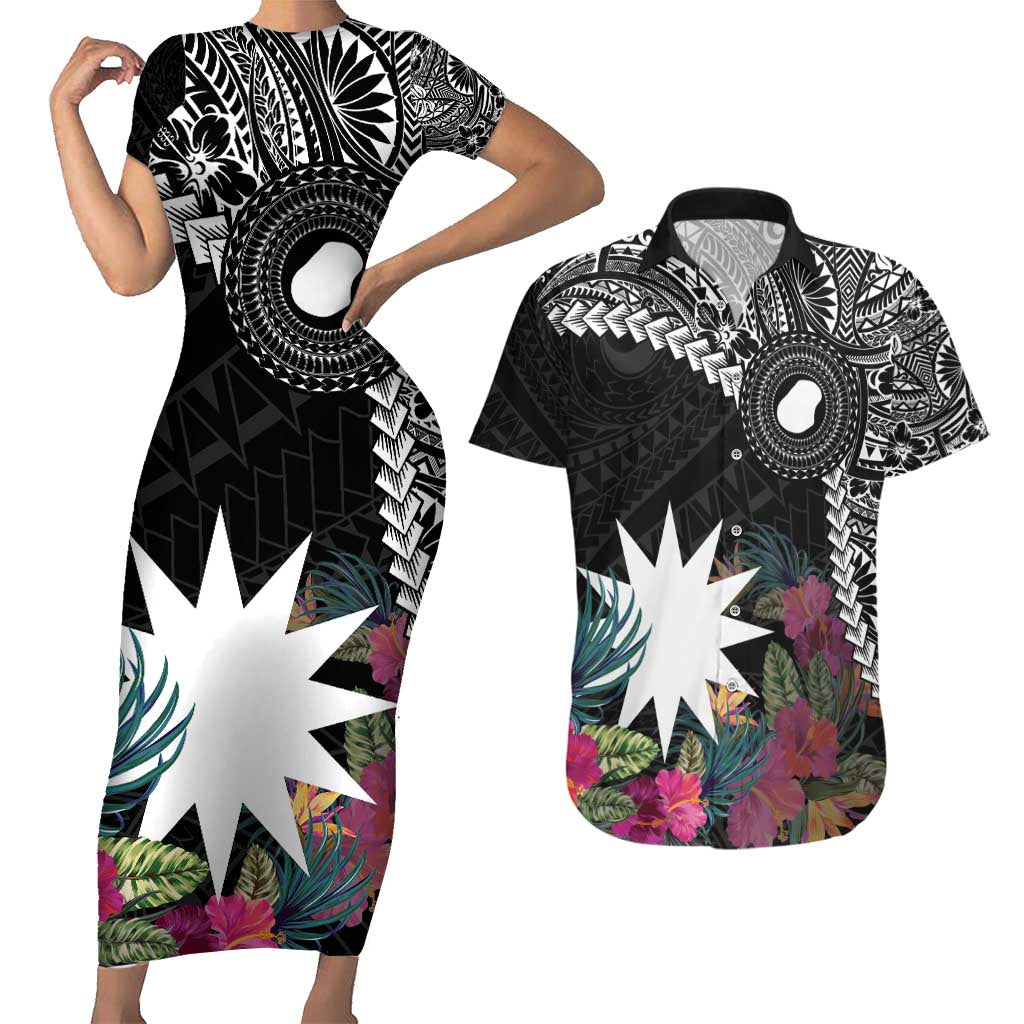 Black Nauru Couples Matching Short Sleeve Bodycon Dress and Hawaiian Shirt Naoero Map With Polynesian Tropical Flowers LT14 Black - Polynesian Pride