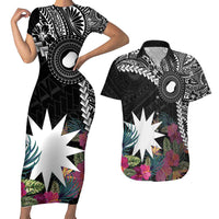 Black Nauru Couples Matching Short Sleeve Bodycon Dress and Hawaiian Shirt Naoero Map With Polynesian Tropical Flowers LT14 Black - Polynesian Pride
