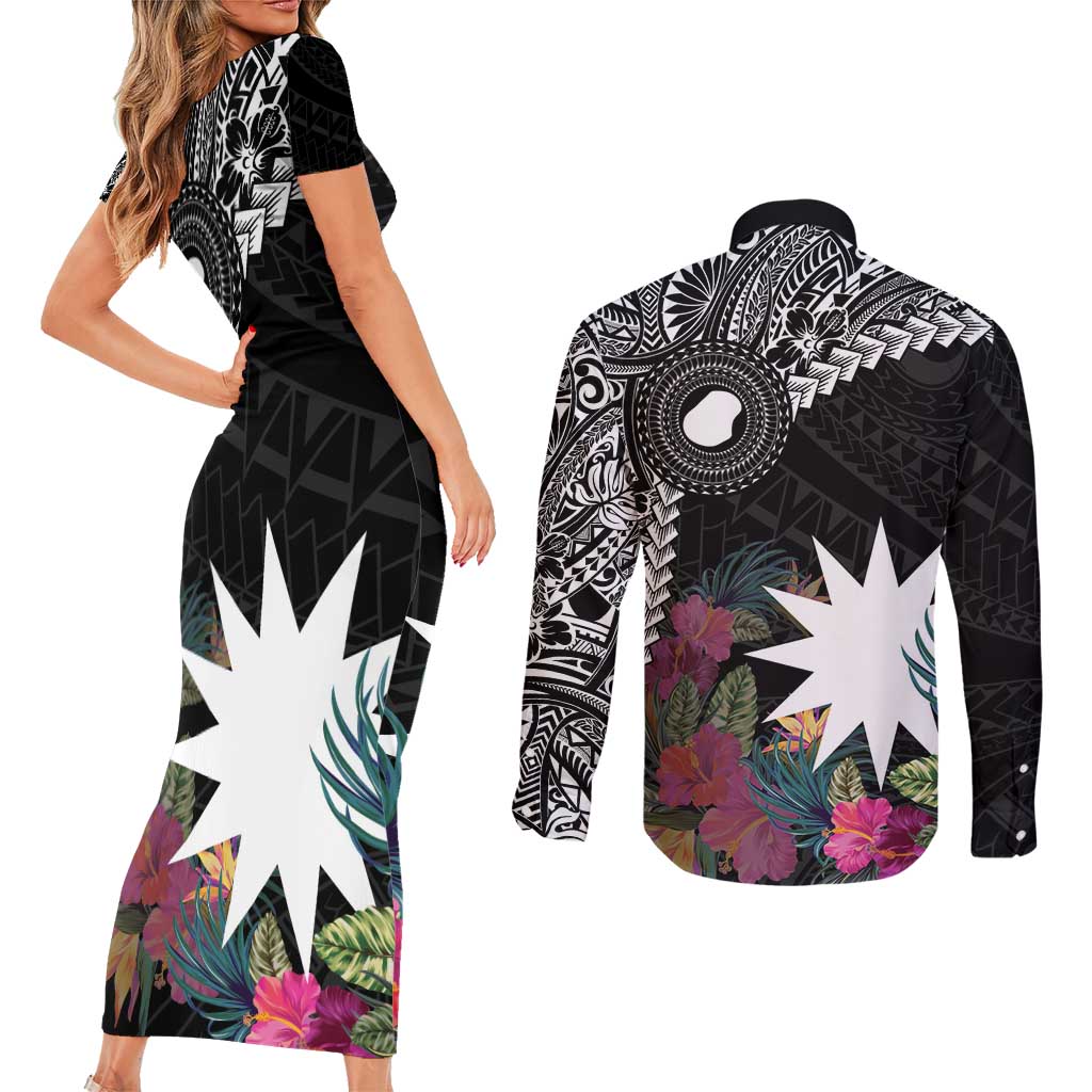 Black Nauru Couples Matching Short Sleeve Bodycon Dress and Long Sleeve Button Shirt Naoero Map With Polynesian Tropical Flowers LT14 - Polynesian Pride