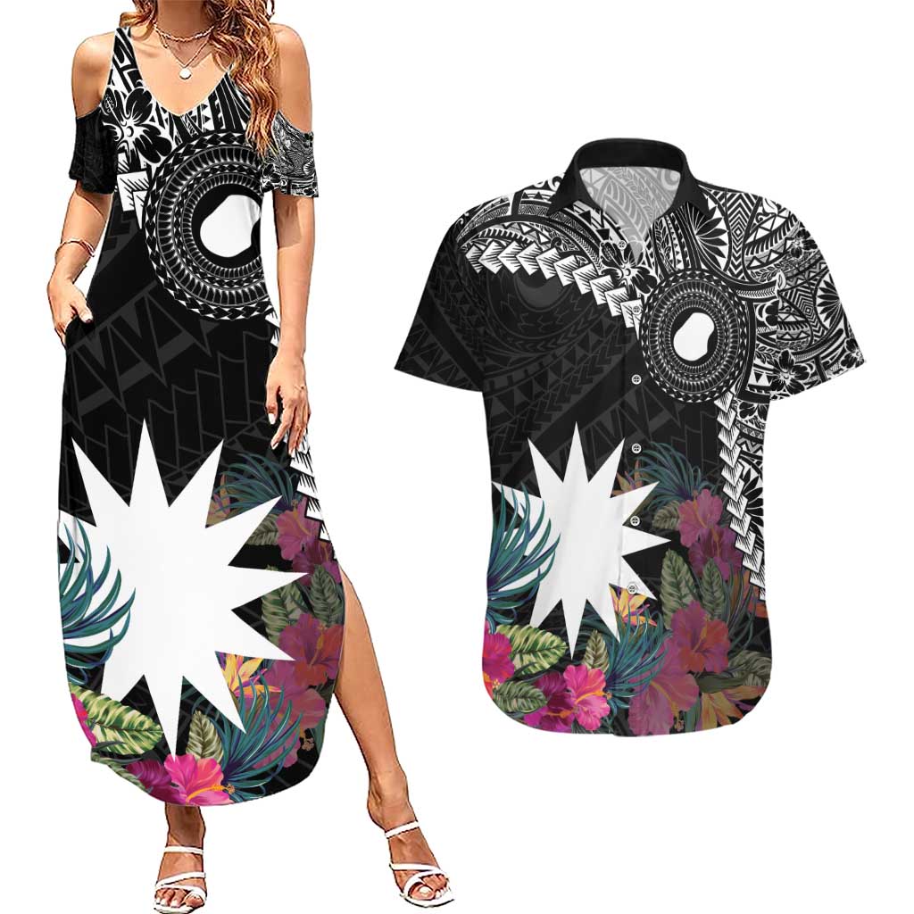 Black Nauru Couples Matching Summer Maxi Dress and Hawaiian Shirt Naoero Map With Polynesian Tropical Flowers LT14 Black - Polynesian Pride