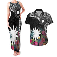 Black Nauru Couples Matching Tank Maxi Dress and Hawaiian Shirt Naoero Map With Polynesian Tropical Flowers LT14 Black - Polynesian Pride