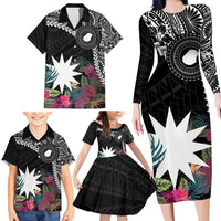 Black Nauru Family Matching Long Sleeve Bodycon Dress and Hawaiian Shirt Naoero Map With Polynesian Tropical Flowers LT14 - Polynesian Pride