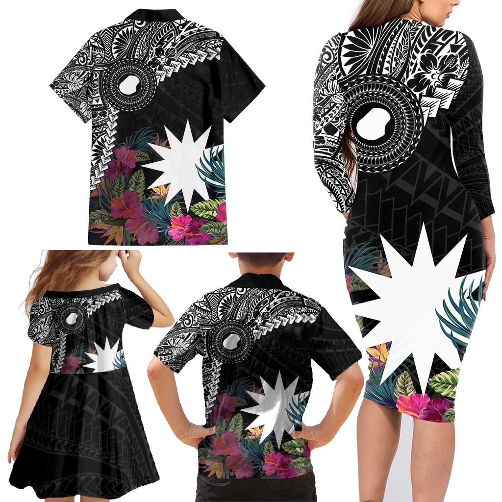 Black Nauru Family Matching Long Sleeve Bodycon Dress and Hawaiian Shirt Naoero Map With Polynesian Tropical Flowers LT14 - Polynesian Pride