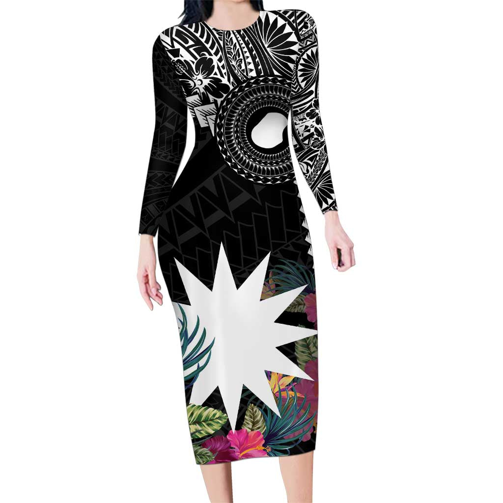 Black Nauru Family Matching Long Sleeve Bodycon Dress and Hawaiian Shirt Naoero Map With Polynesian Tropical Flowers LT14 Mom's Dress Black - Polynesian Pride