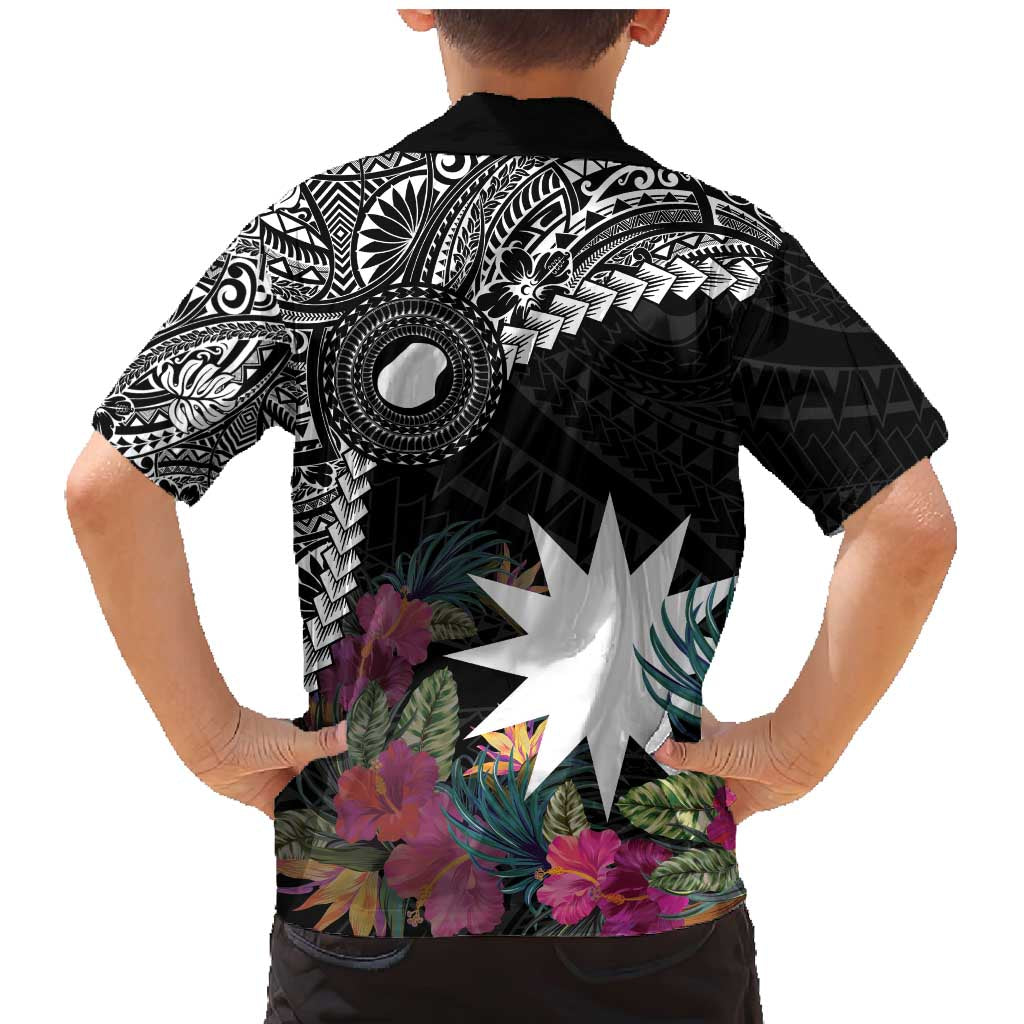 Black Nauru Family Matching Mermaid Dress and Hawaiian Shirt Naoero Map With Polynesian Tropical Flowers LT14 - Polynesian Pride